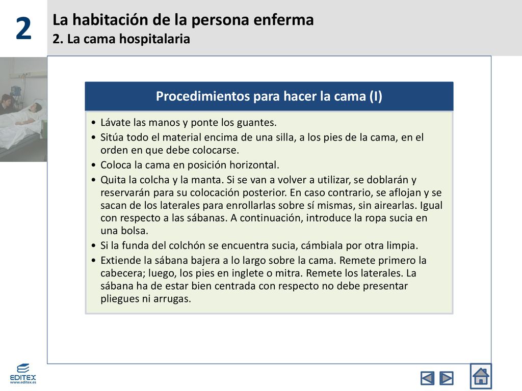 La habitación de la persona enferma 2. La cama hospitalaria