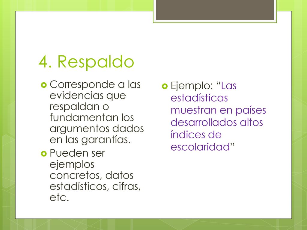 4. Respaldo Corresponde a las evidencias que respaldan o fundamentan los argumentos dados en las garantías.