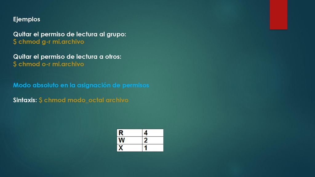 Ejemplos Quitar el permiso de lectura al grupo: $ chmod g-r mi.archivo. Quitar el permiso de lectura a otros: