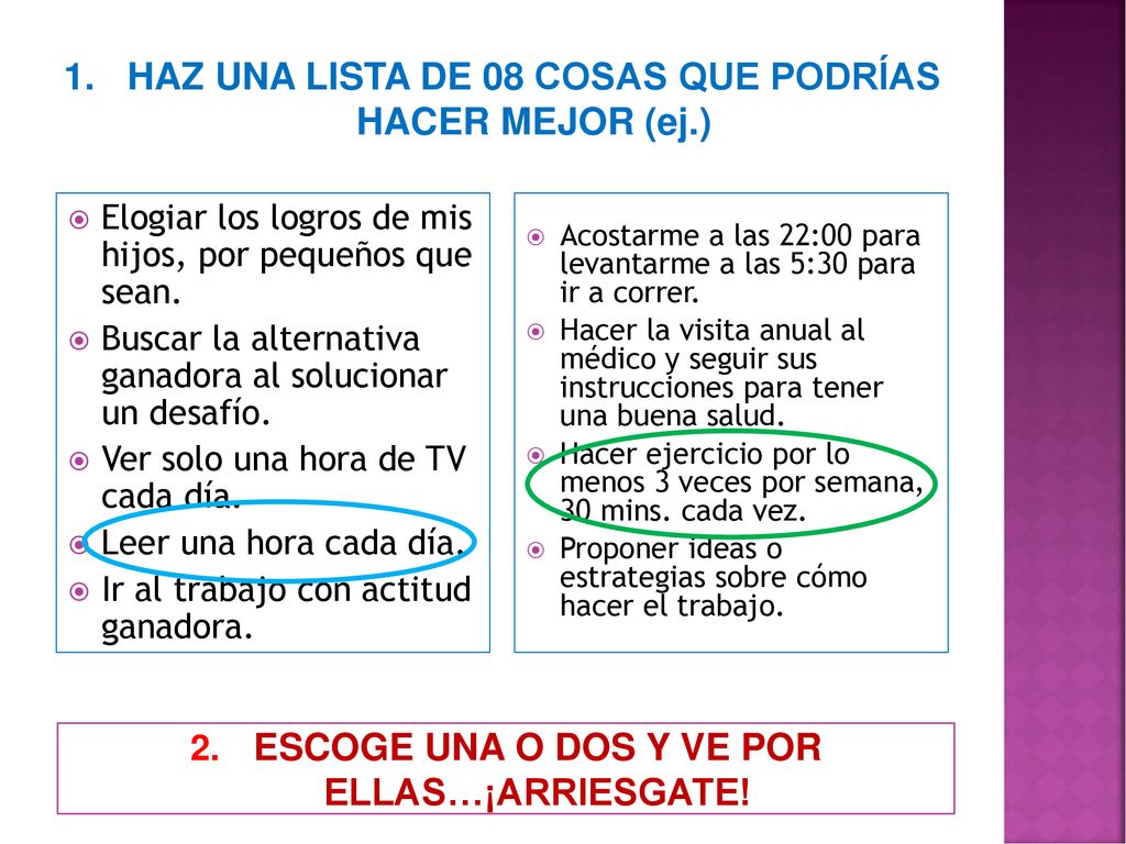 HAZ UNA LISTA DE 08 COSAS QUE PODRÍAS HACER MEJOR (ej.)