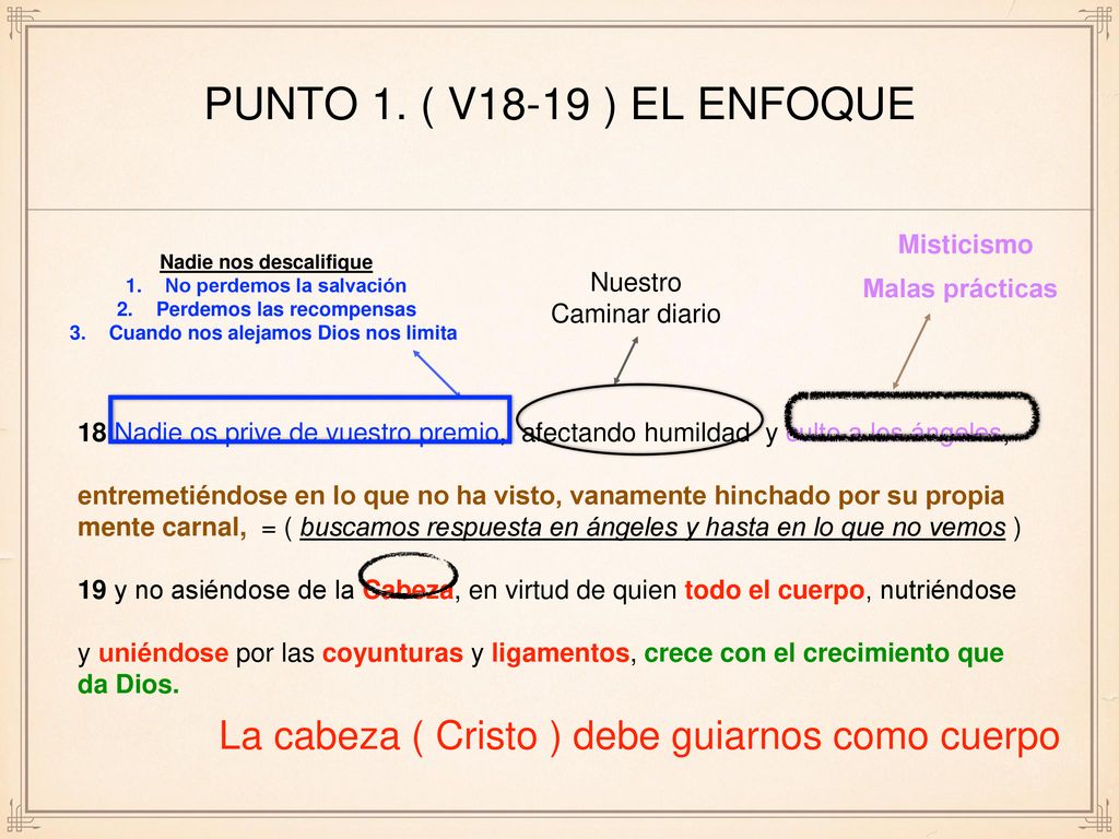 Punto 1. ( V18-19 ) el enfoque Misticismo. Malas prácticas. 18 Nadie os prive de vuestro premio, afectando humildad y culto a los ángeles,