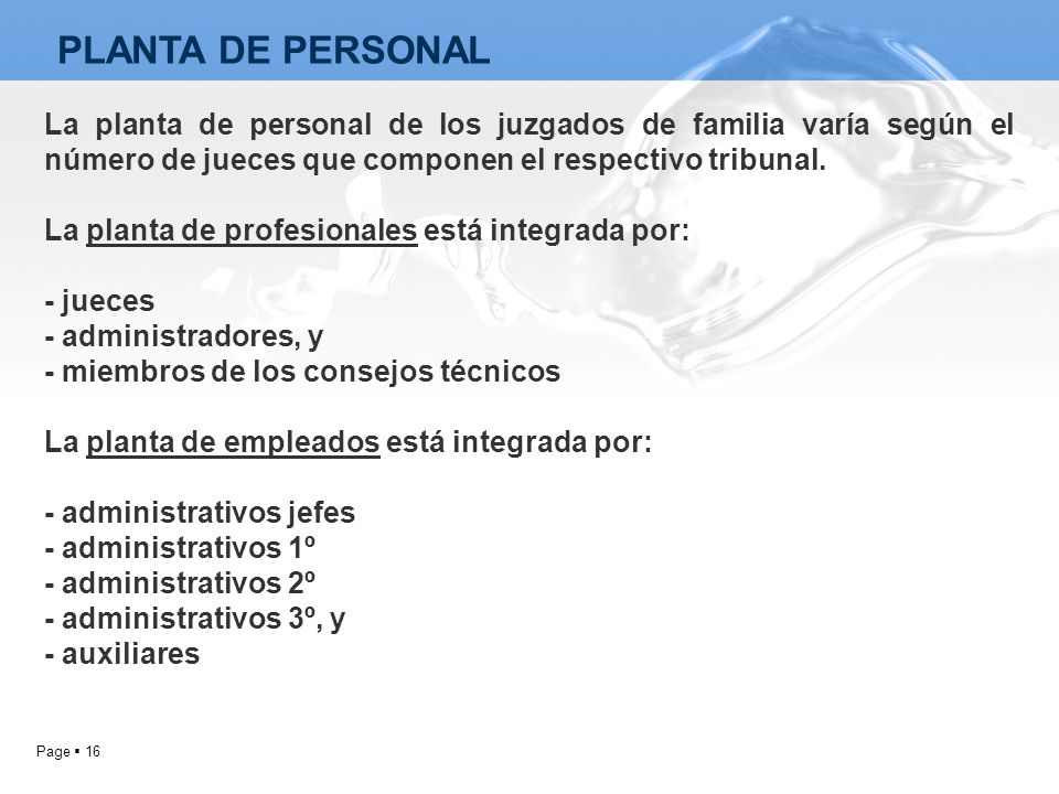 PLANTA DE PERSONAL La planta de personal de los juzgados de familia varía según el número de jueces que componen el respectivo tribunal.