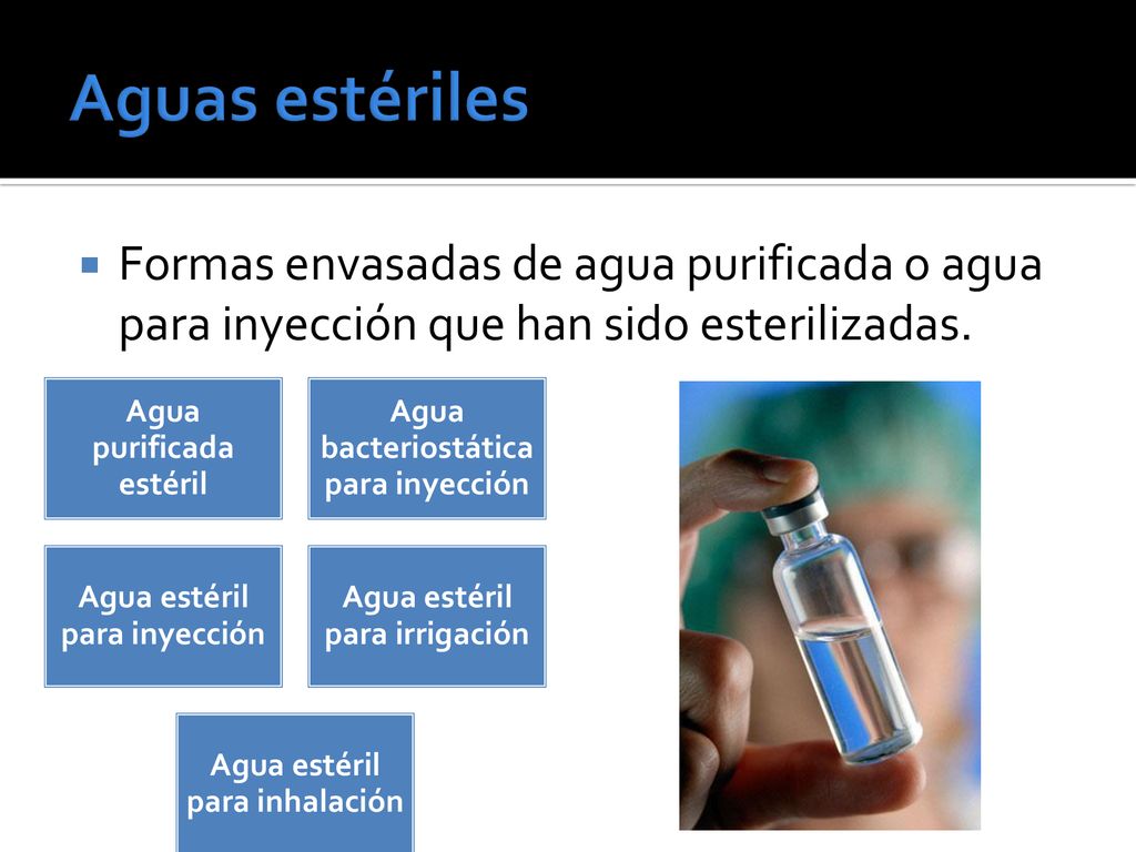 Aguas estériles Formas envasadas de agua purificada o agua para inyección que han sido esterilizadas.