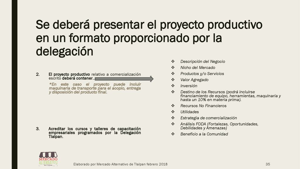 Se deberá presentar el proyecto productivo en un formato proporcionado por la delegación