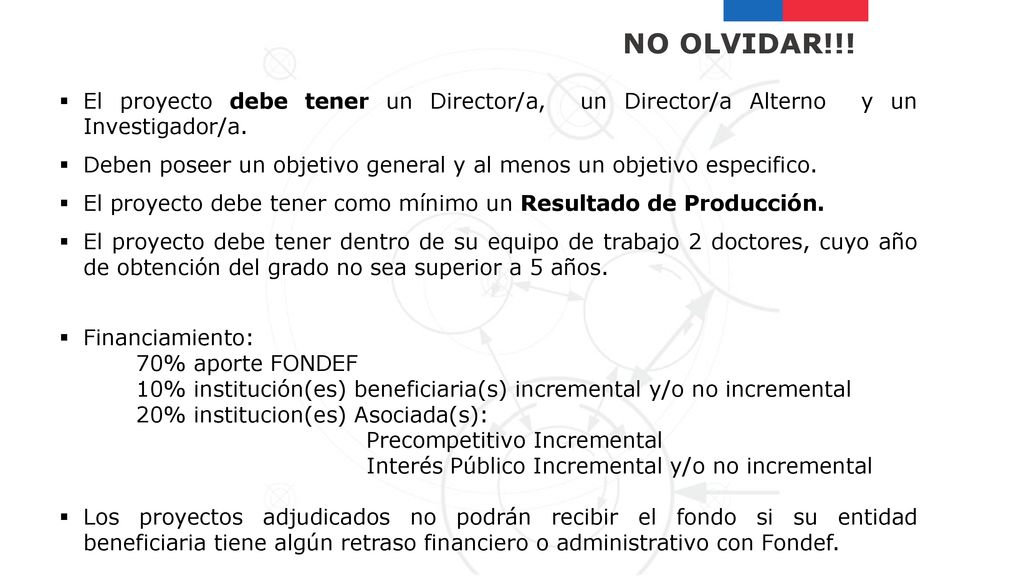 NO OLVIDAR!!! El proyecto debe tener un Director/a, un Director/a Alterno y un Investigador/a.