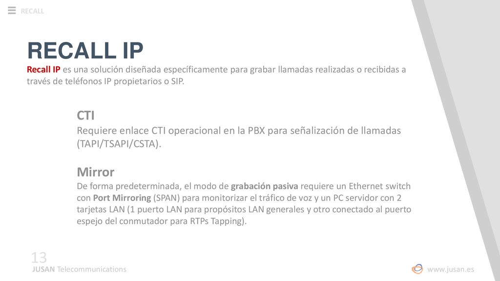RECALL IP Recall IP es una solución diseñada específicamente para grabar llamadas realizadas o recibidas a través de teléfonos IP propietarios o SIP.