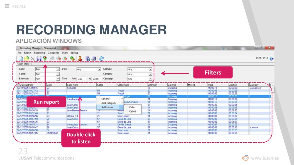 RECORDING MANAGER Filters APLICACIÓN WINDOWS Run report