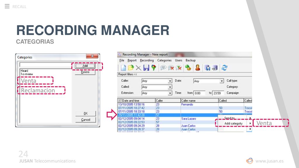 RECORDING MANAGER Venta Reclamacion Venta CATEGORIAS