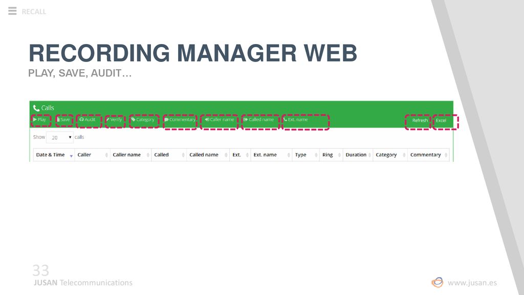 RECORDING MANAGER WEB PLAY, SAVE, AUDIT… JUSAN Telecommunications