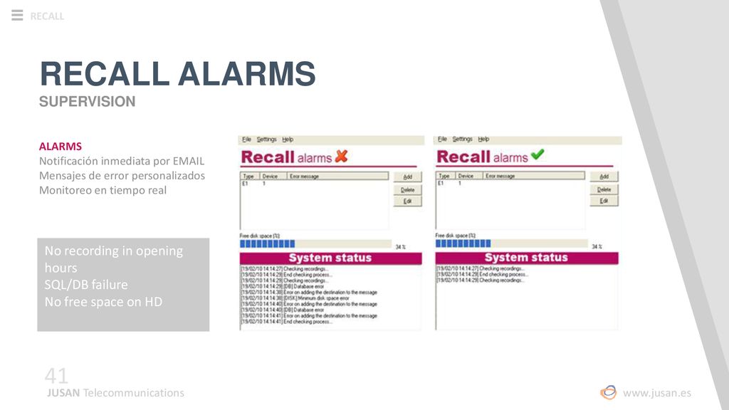 RECALL ALARMS SUPERVISION No recording in opening hours SQL/DB failure