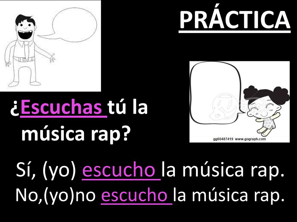 PRÁCTICA ¿Escuchas tú la música rap Sí, (yo) escucho la música rap.
