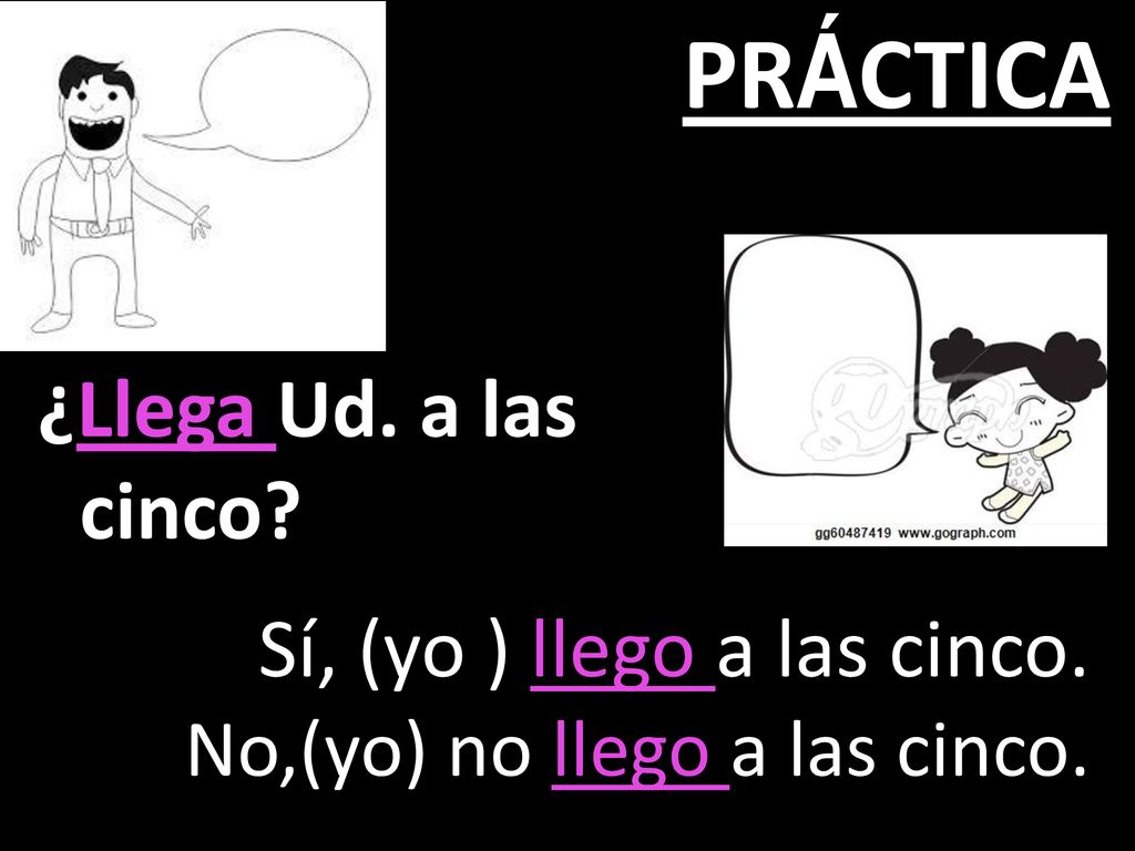 PRÁCTICA ¿Llega Ud. a las cinco Sí, (yo ) llego a las cinco.