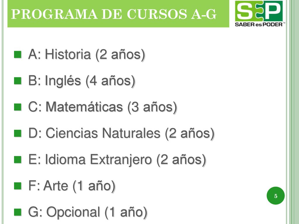 D: Ciencias Naturales (2 años) E: Idioma Extranjero (2 años)