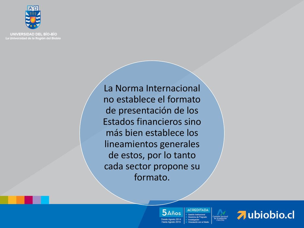 La Norma Internacional no establece el formato de presentación de los Estados financieros sino más bien establece los lineamientos generales de estos, por lo tanto cada sector propone su formato.
