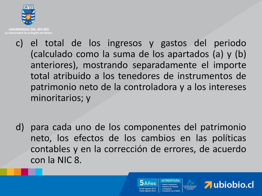 el total de los ingresos y gastos del periodo (calculado como la suma de los apartados (a) y (b) anteriores), mostrando separadamente el importe total atribuido a los tenedores de instrumentos de patrimonio neto de la controladora y a los intereses minoritarios; y