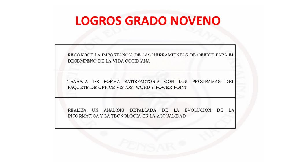 LOGROS GRADO NOVENO RECONOCE LA IMPORTANCIA DE LAS HERRAMIENTAS DE OFFICE PARA EL DESEMPEÑO DE LA VIDA COTIDIANA.