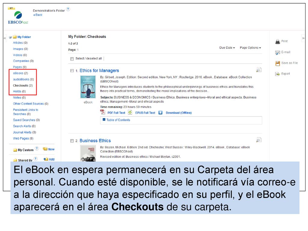 El eBook en espera permanecerá en su Carpeta del área personal