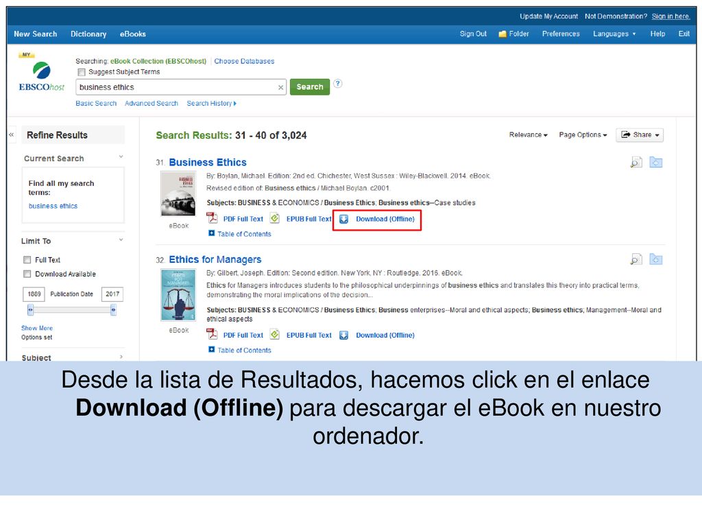 Desde la lista de Resultados, hacemos click en el enlace Download (Offline) para descargar el eBook en nuestro ordenador.