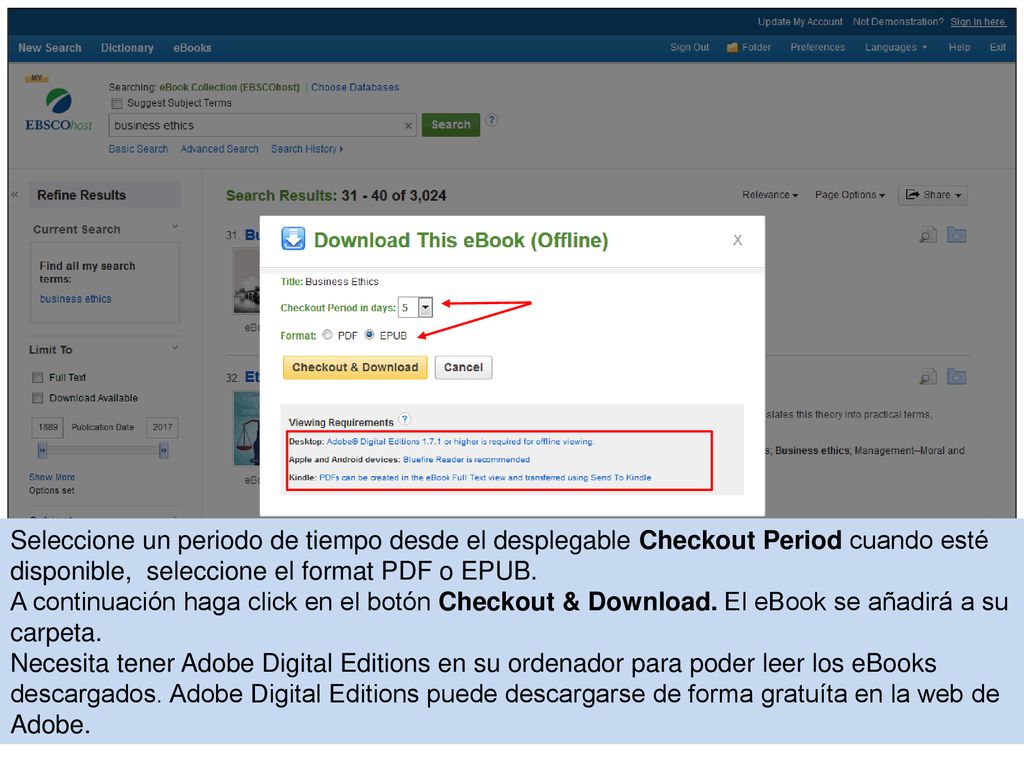 Seleccione un periodo de tiempo desde el desplegable Checkout Period cuando esté disponible, seleccione el format PDF o EPUB.