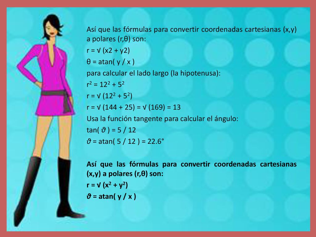 Así que las fórmulas para convertir coordenadas cartesianas (x,y) a polares (r,θ) son: