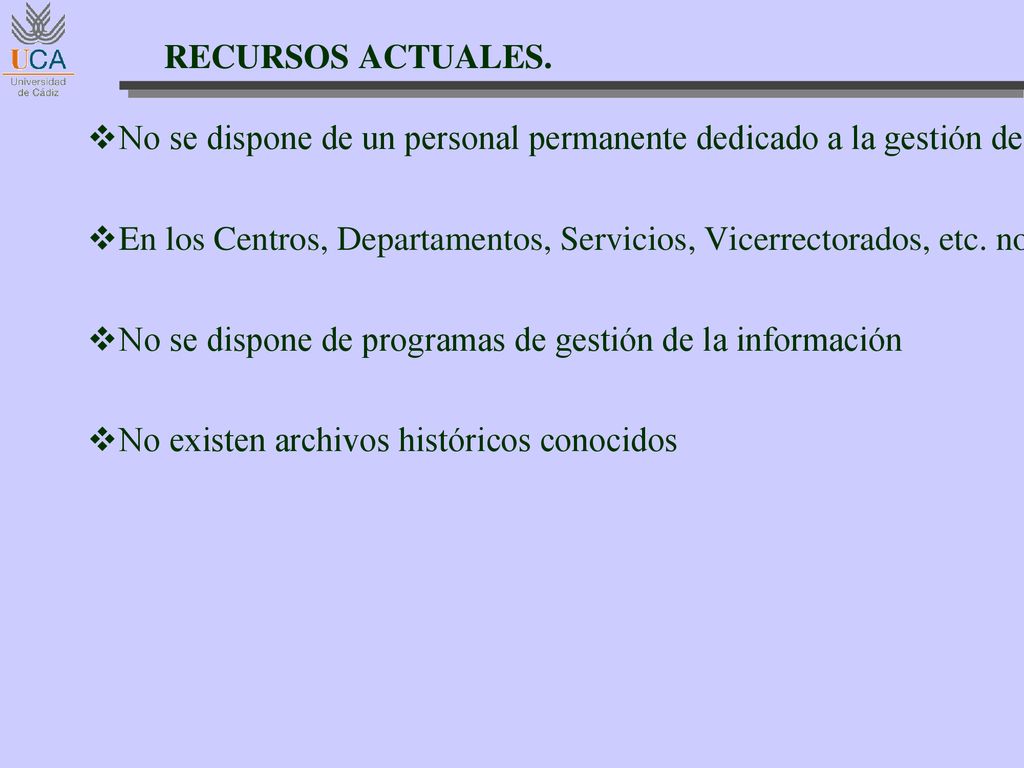 RECURSOS ACTUALES. No se dispone de un personal permanente dedicado a la gestión de datos.
