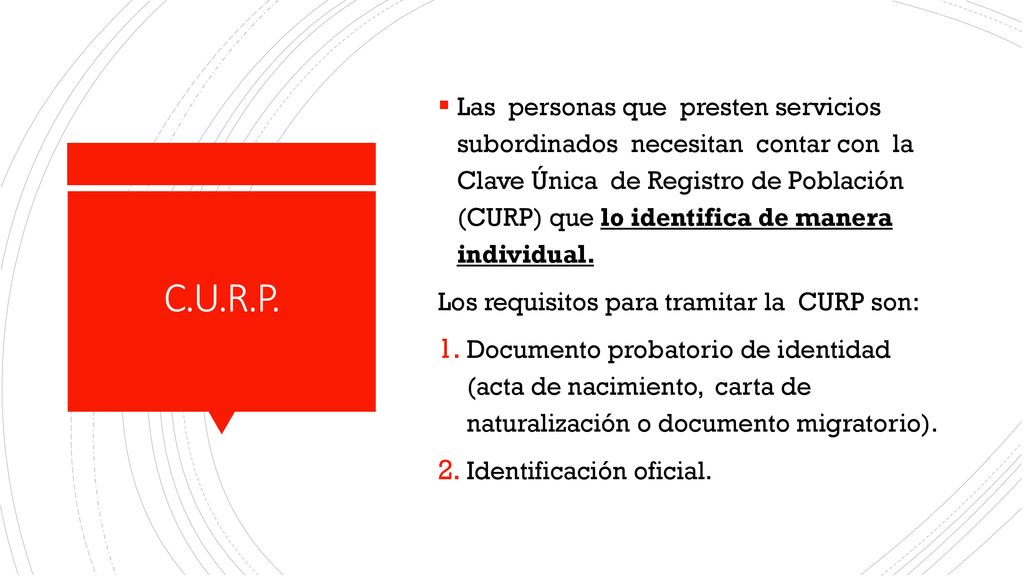 Las personas que presten servicios subordinados necesitan contar con la Clave Única de Registro de Población (CURP) que lo identifica de manera individual.