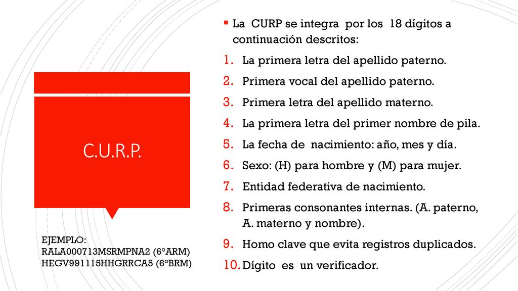 La CURP se integra por los 18 dígitos a continuación descritos: