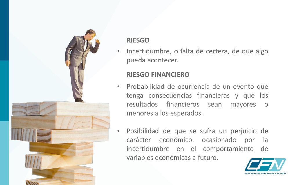 RIESGO Incertidumbre, o falta de certeza, de que algo pueda acontecer. RIESGO FINANCIERO.