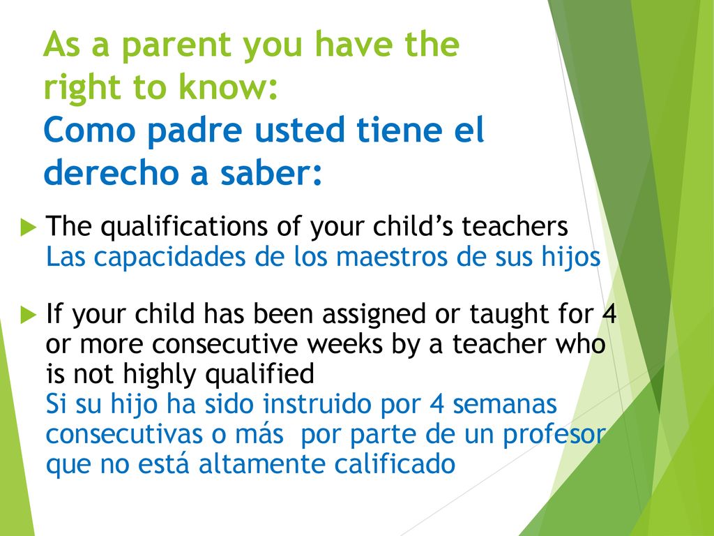 Annual Title I Meeting 2016 As a parent you have the right to know: Como padre usted tiene el derecho a saber: