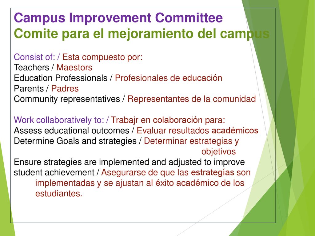 Campus Improvement Committee Comite para el mejoramiento del campus