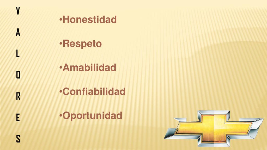 V A L O R E S Honestidad Respeto Amabilidad Confiabilidad Oportunidad