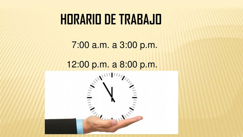 HORARIO DE TRABAJO 7:00 a.m. a 3:00 p.m. 12:00 p.m. a 8:00 p.m.
