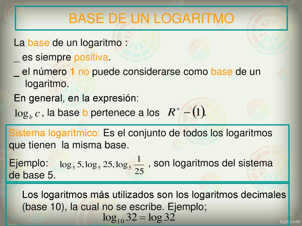 BASE DE UN LOGARITMO La base de un logaritmo : _ es siempre positiva.