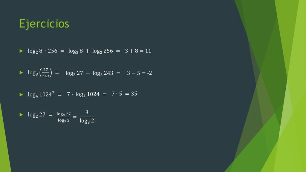 Ejercicios log 2 8 ∙256 = log = log = log 2 27 =