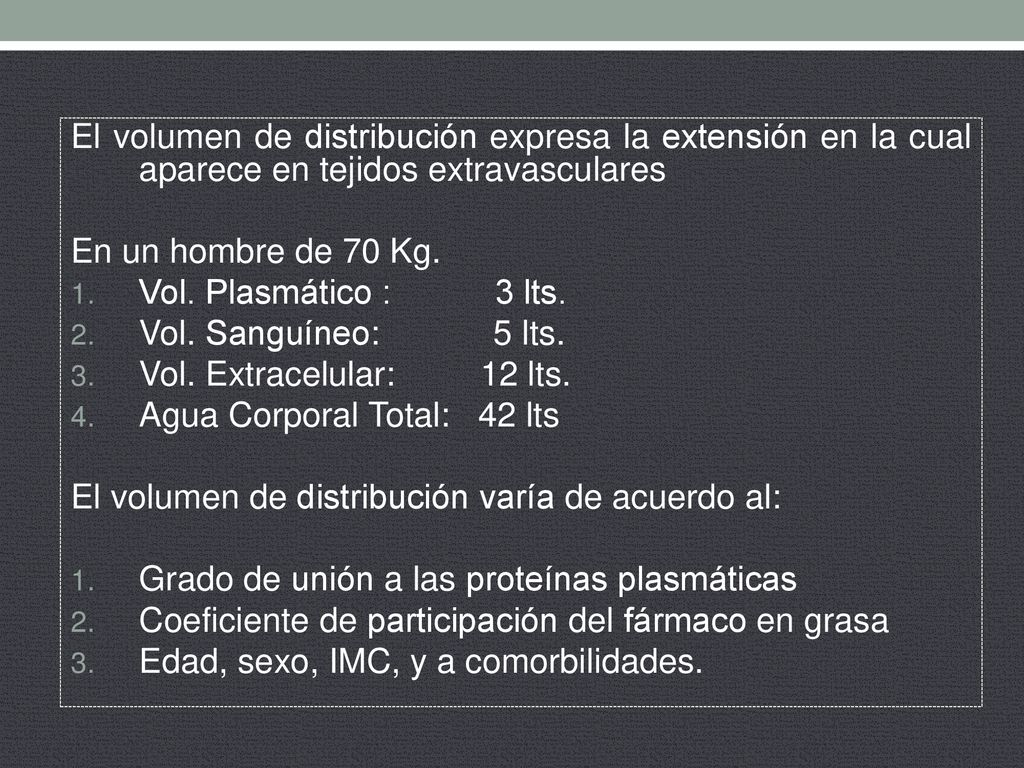 El volumen de distribución expresa la extensión en la cual aparece en tejidos extravasculares