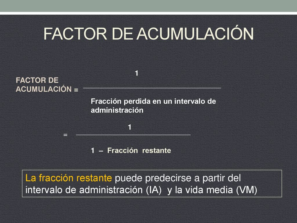 FACTOR DE ACUMULACIÓN 1. FACTOR DE ACUMULACIÓN = Fracción perdida en un intervalo de administración.