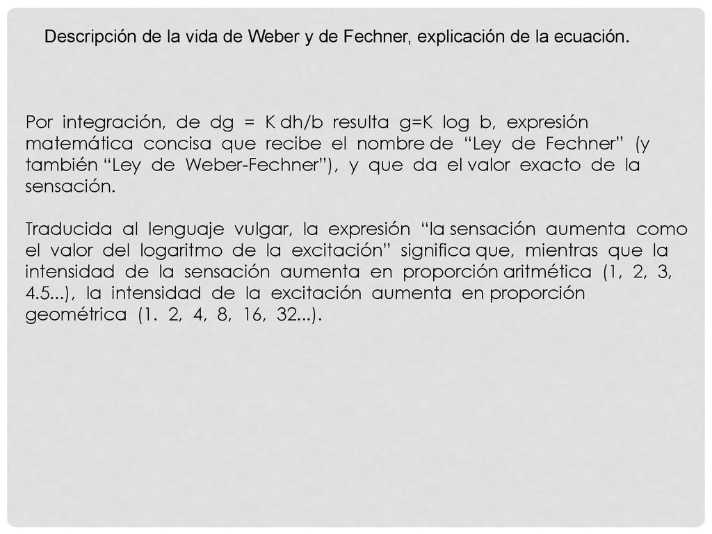 Descripción de la vida de Weber y de Fechner, explicación de la ecuación.