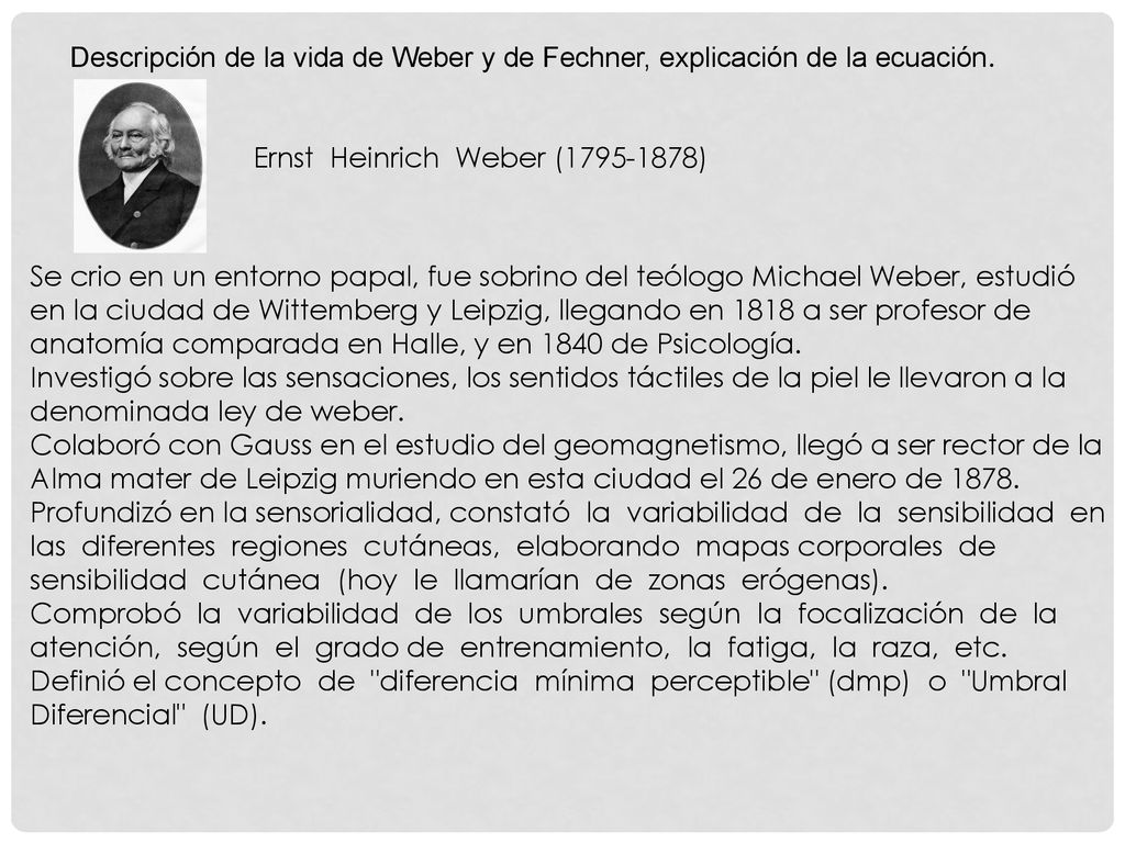 Descripción de la vida de Weber y de Fechner, explicación de la ecuación.