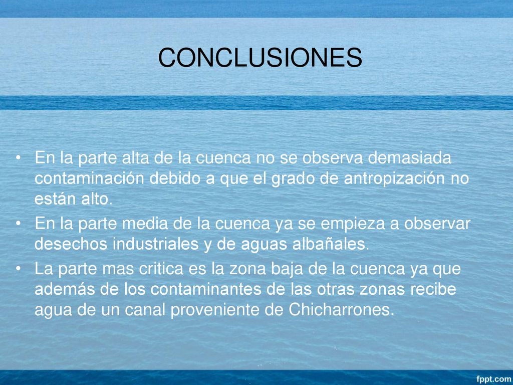 CONCLUSIONES En la parte alta de la cuenca no se observa demasiada contaminación debido a que el grado de antropización no están alto.