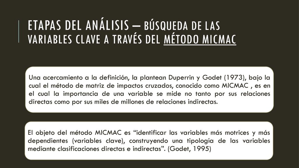 Etapas del análisis – BÚSQUEDA DE LAS VARIABLES CLAVE A TRAVÉS DEL MÉTODO MICMAC