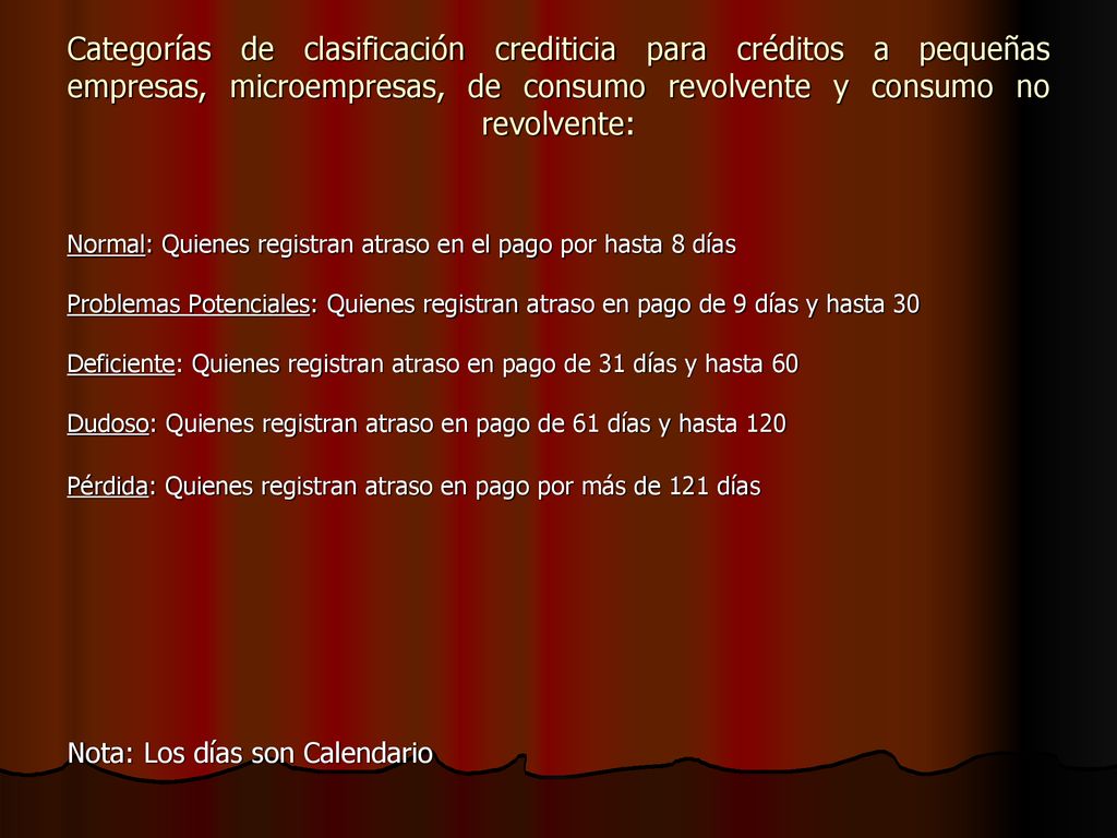 Categorías de clasificación crediticia para créditos a pequeñas empresas, microempresas, de consumo revolvente y consumo no revolvente: