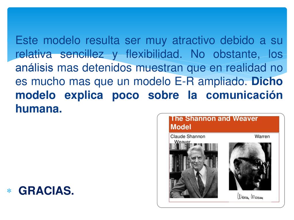 Este modelo resulta ser muy atractivo debido a su relativa sencillez y flexibilidad. No obstante, los análisis mas detenidos muestran que en realidad no es mucho mas que un modelo E-R ampliado. Dicho modelo explica poco sobre la comunicación humana.