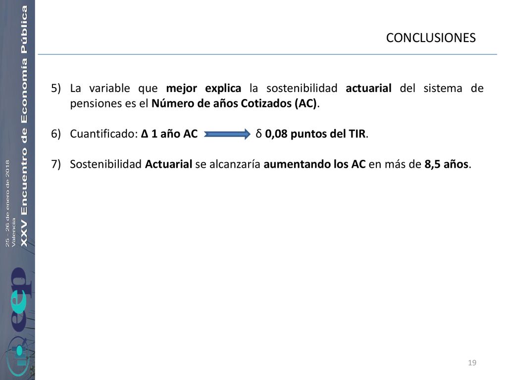 CONCLUSIONES La variable que mejor explica la sostenibilidad actuarial del sistema de pensiones es el Número de años Cotizados (AC).