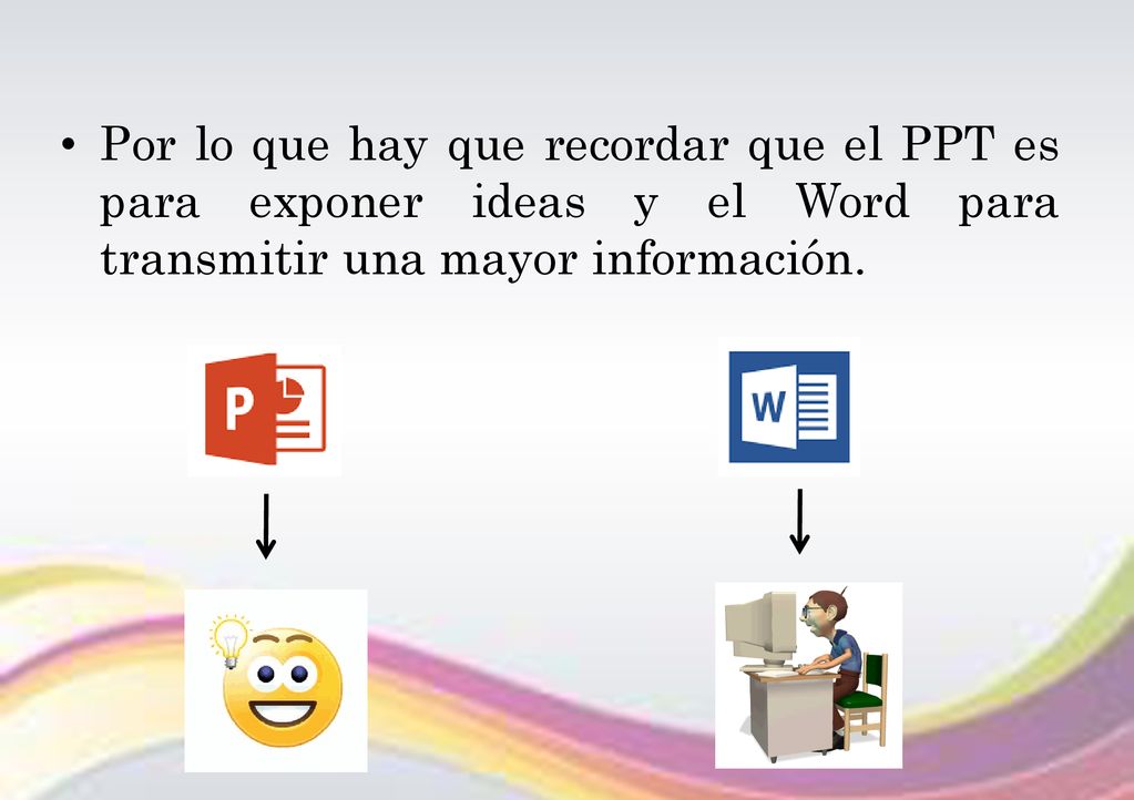 Por lo que hay que recordar que el PPT es para exponer ideas y el Word para transmitir una mayor información.