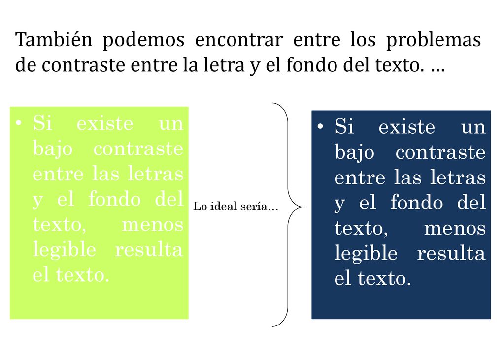 También podemos encontrar entre los problemas de contraste entre la letra y el fondo del texto. …