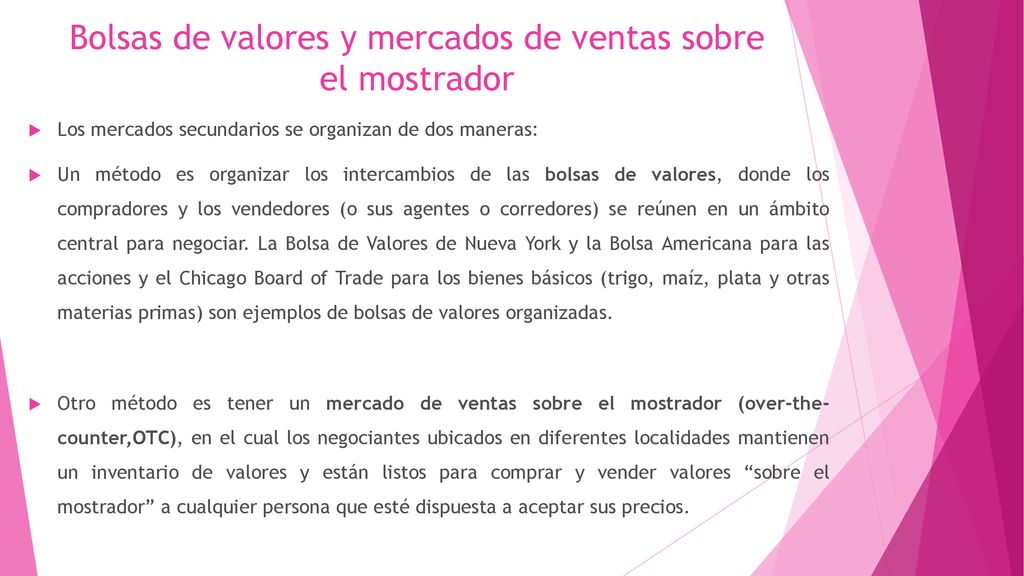 Bolsas de valores y mercados de ventas sobre el mostrador