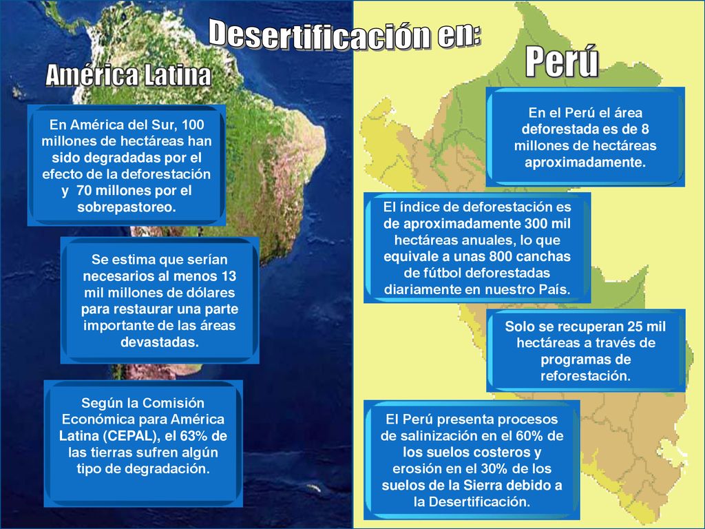 Desertificación en: En el Perú el área deforestada es de 8 millones de hectáreas aproximadamente.