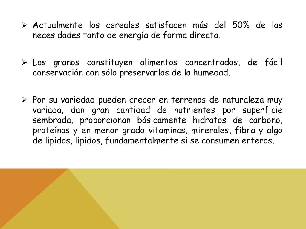 Actualmente los cereales satisfacen más del 50% de las necesidades tanto de energía de forma directa.