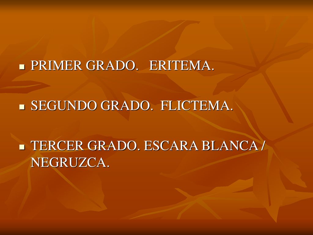 PRIMER GRADO. ERITEMA. SEGUNDO GRADO. FLICTEMA. TERCER GRADO. ESCARA BLANCA / NEGRUZCA.