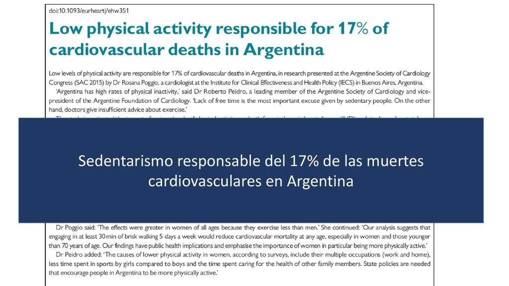 Sedentarismo responsable del 17% de las muertes cardiovasculares en Argentina